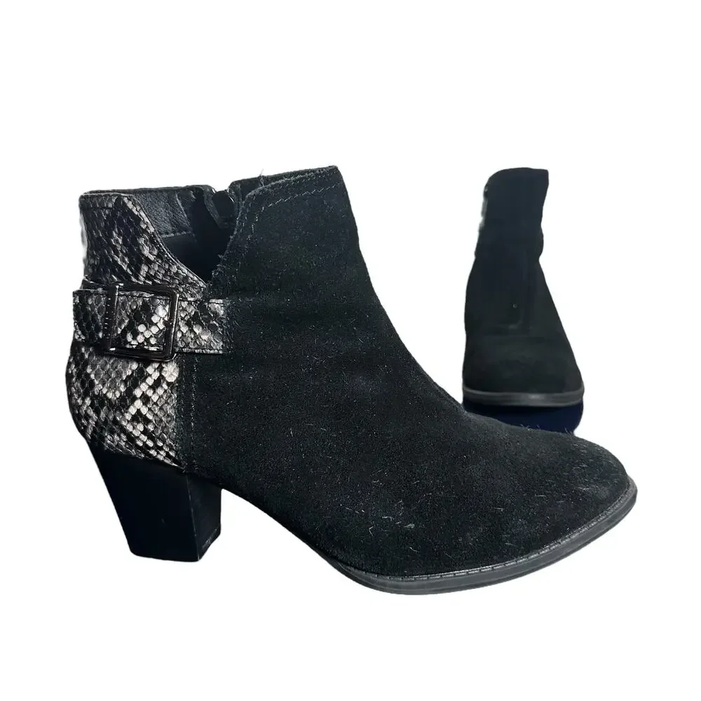 Vionic Naomi Snake Black Suede Ankle Boots Block Heel Size 7.5 Comfort